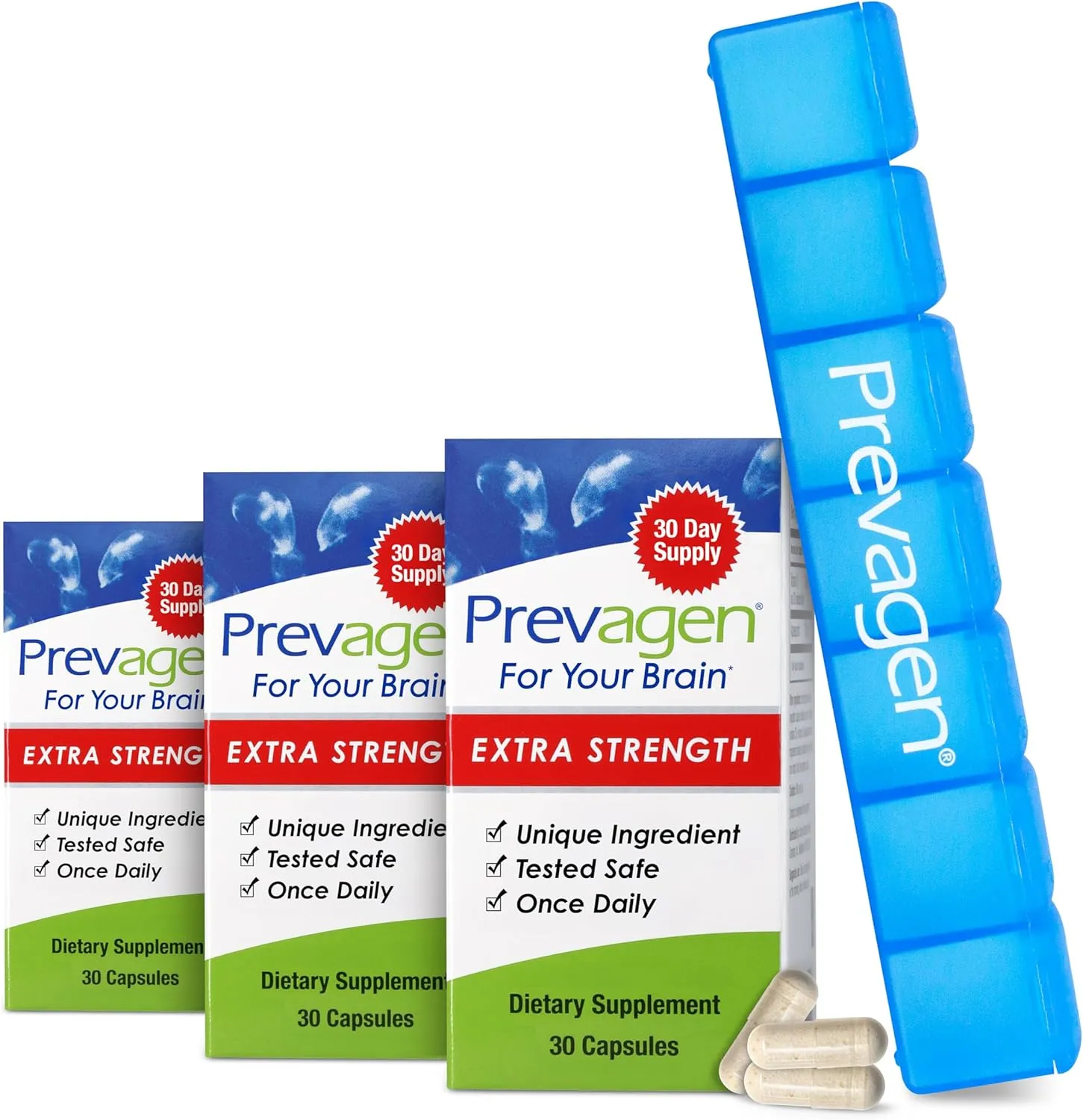 Prevagen Extra Strength 20mg, 30 Capsules |3 Pack| with Apoaequorin & Vitamin D 7-Day Pill Minder