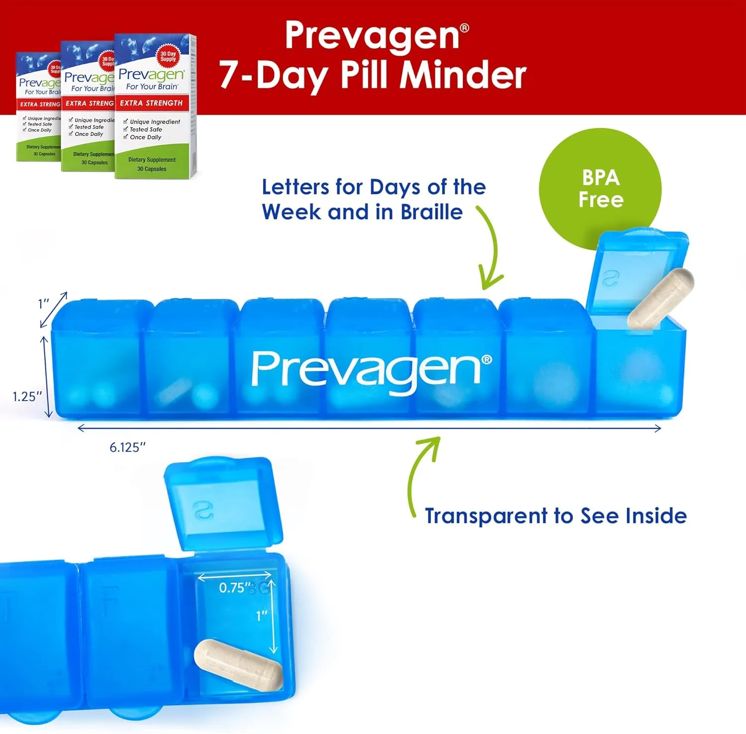 Prevagen Extra Strength 20mg, 30 Capsules |3 Pack| with Apoaequorin & Vitamin D 7-Day Pill Minder