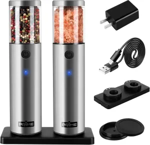 PRIME, Electric Salt and Pepper Grinder Set, 2 Mills, Rechargeable, With Charging Base, USB Cable, Power Adapter, Automatic Tact Switch Operation, Adjustable Coarseness, Stainless Steel (Ver. 2.2)