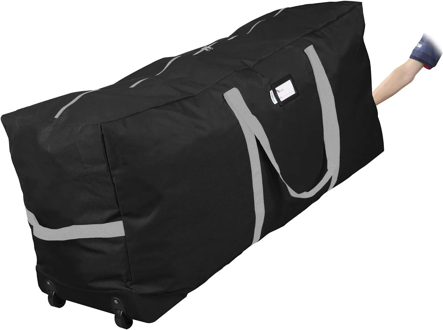 Primode Christmas Rolling Tree Storage Bag, Fits Up to 7.5 Ft. Tall Disassembled Holiday Trees, 22" H X 16" W X 50" L, Large Heavy Duty Storage Container with 2 Wheels and Handles (Black)