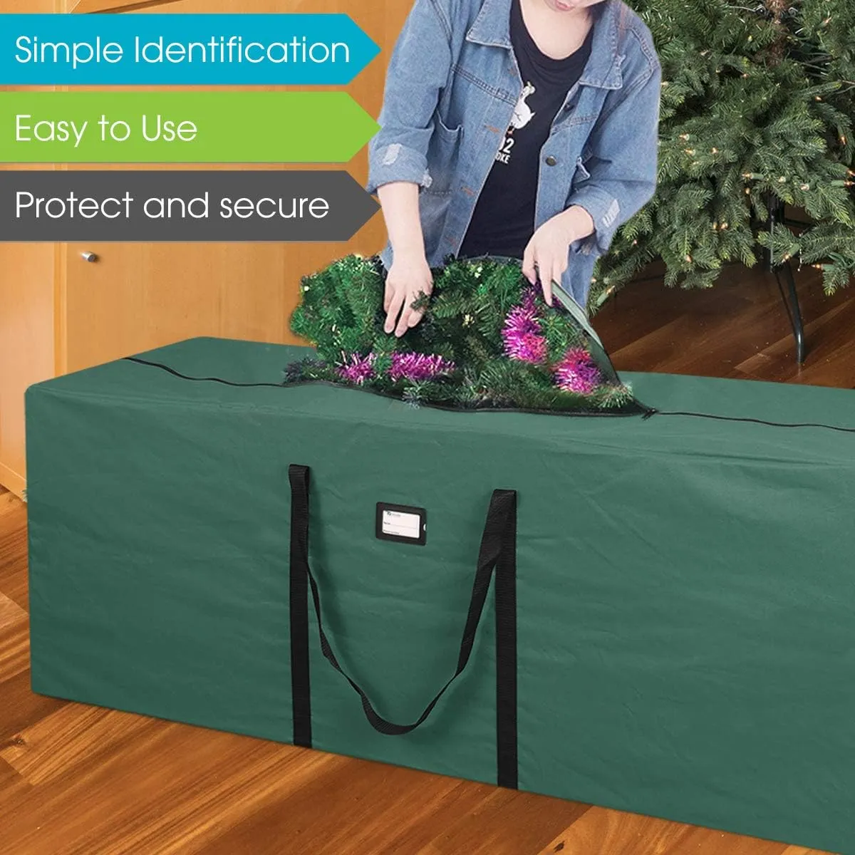Primode Christmas Tree Storage Bag | Fits Up to 7.5 Ft. Disassembled Holiday Tree | 50” x 15” x 20” Tree Container | Durable 600D Oxford Material | Heavy Duty Xmas Storage Box (Green)