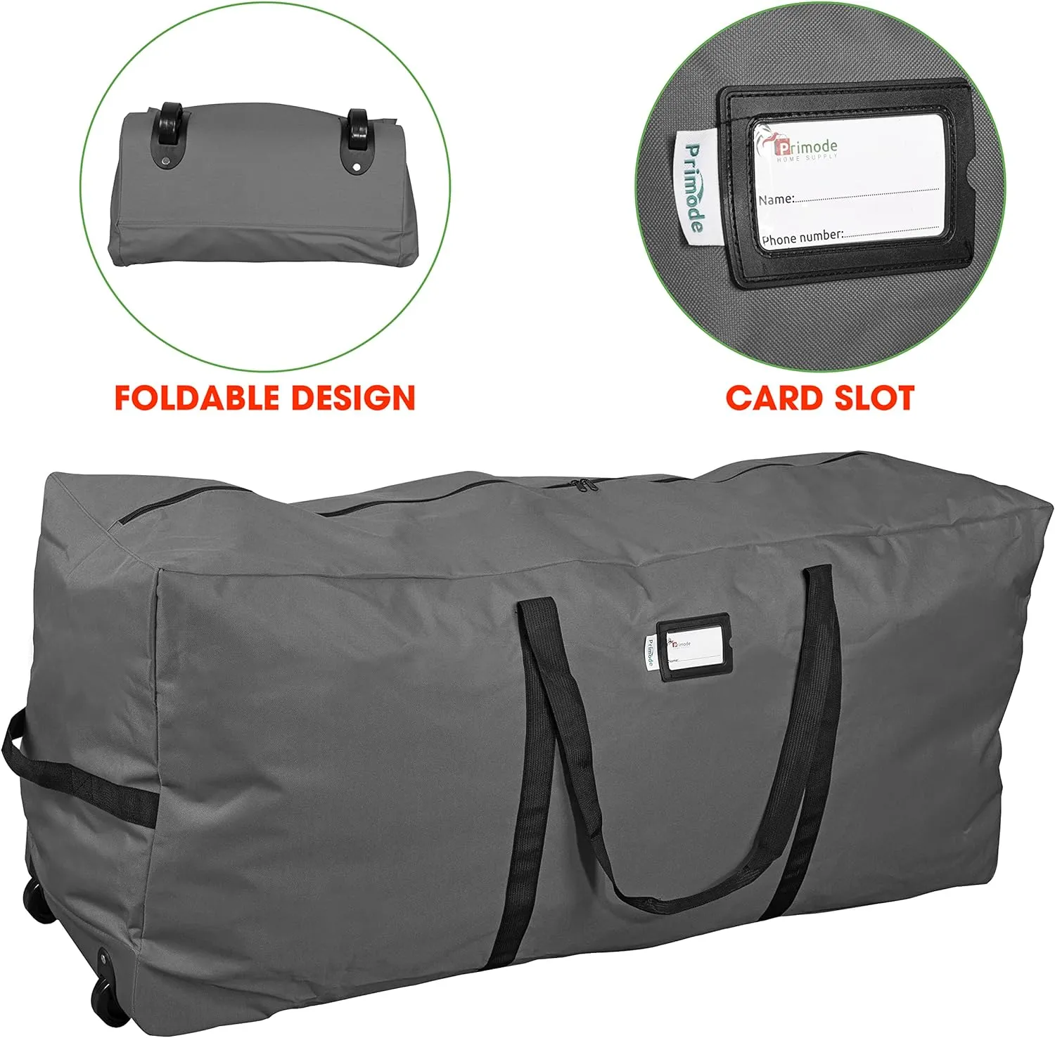 Primode Xmas Rolling Tree Storage Bag, Large Heavy Duty Storage Container, 22" Height X 16" Wide X 50" Long with 2 Wheels and Handles Fits Up to 7.5 Foot Tall Disassembled Holiday Tree (Gray)