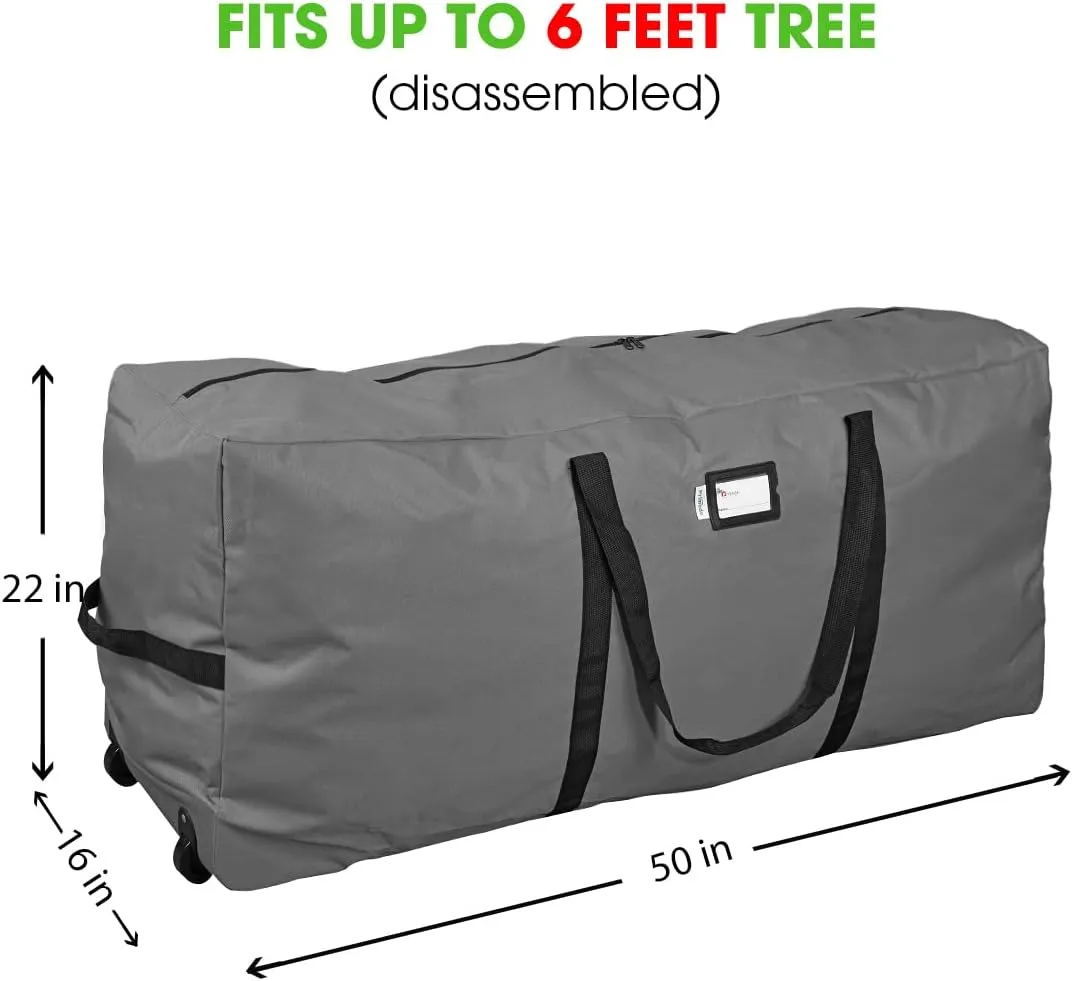 Primode Xmas Rolling Tree Storage Bag, Large Heavy Duty Storage Container, 22" Height X 16" Wide X 50" Long with 2 Wheels and Handles Fits Up to 7.5 Foot Tall Disassembled Holiday Tree (Gray)