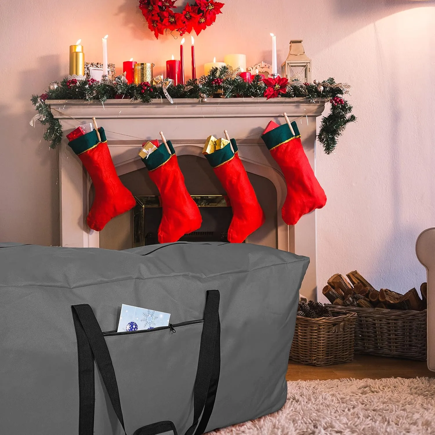 Primode Xmas Rolling Tree Storage Bag, Large Heavy Duty Storage Container, 22" Height X 16" Wide X 50" Long with 2 Wheels and Handles Fits Up to 7.5 Foot Tall Disassembled Holiday Tree (Gray)