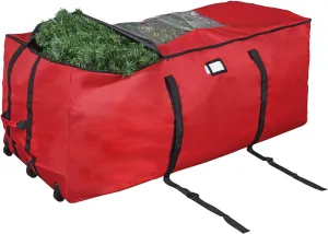 ProPik Rolling Christmas Tree Storage Bag, Fits Up to 9 Foot Tall Disassembled Trees, 25" X 25" X 60", Extra Large Heavy Duty Xmas Container with Wheels, Handles and Straps (Red)