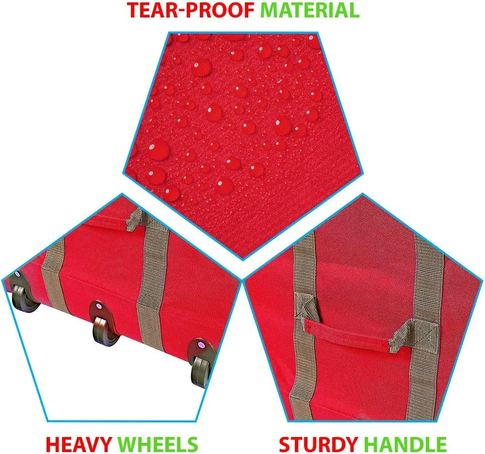ProPik Rolling Christmas Tree Storage Bag, Fits Up to 9 Foot Tall Disassembled Trees, 25" X 25" X 60", Extra Large Heavy Duty Xmas Container with Wheels, Handles and Straps (Red)
