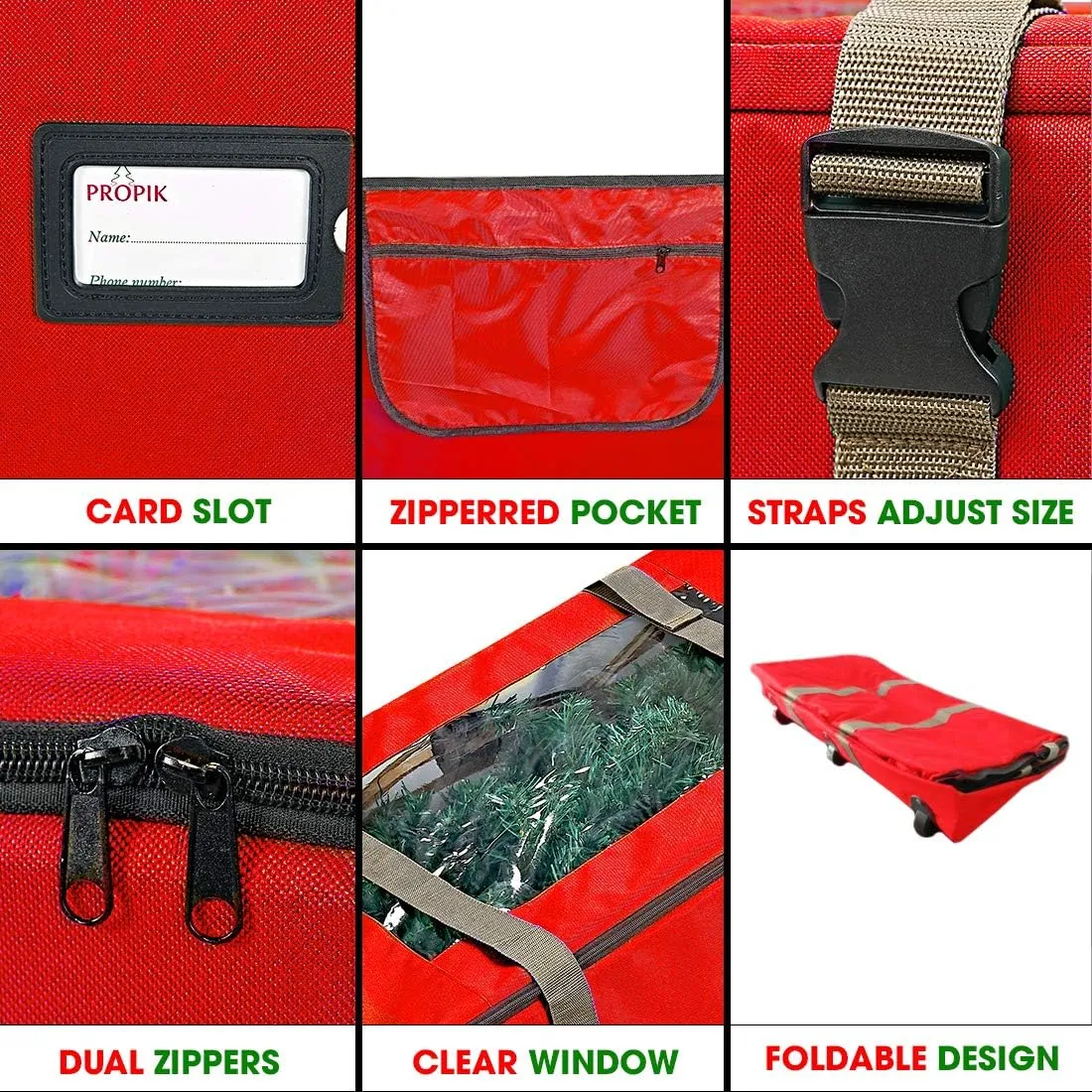 ProPik Rolling Christmas Tree Storage Bag, Fits Up to 9 Foot Tall Disassembled Trees, 25" X 25" X 60", Extra Large Heavy Duty Xmas Container with Wheels, Handles and Straps (Red)