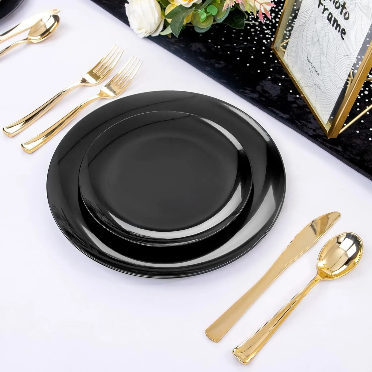 PULOTE 100PCS Black Plastic Plates Disposable - Premium Heavy Duty 50 Black Dinner, 50 Dessert/Salad Plates - Ideal for Party, Graduation & Fathers Day