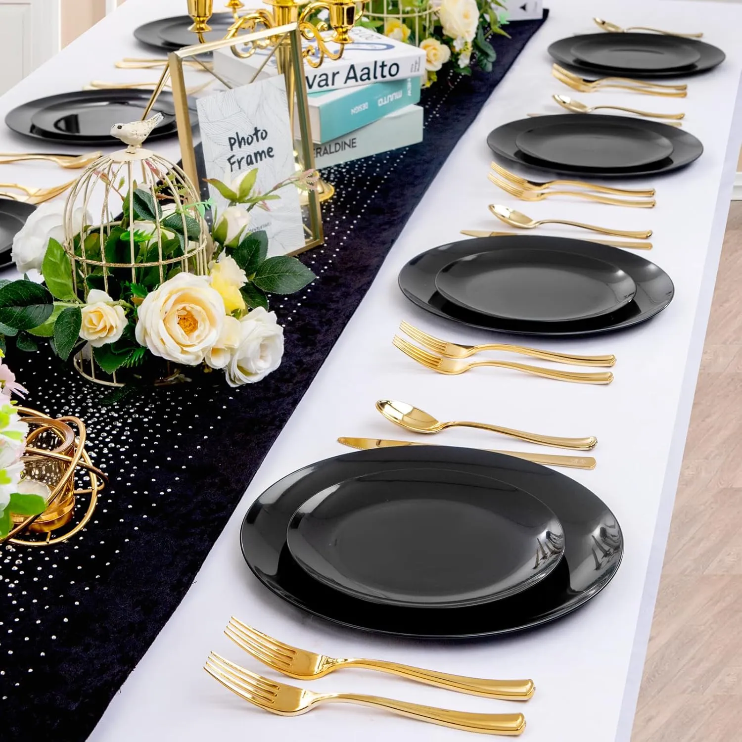 PULOTE 100PCS Black Plastic Plates Disposable - Premium Heavy Duty 50 Black Dinner, 50 Dessert/Salad Plates - Ideal for Party, Graduation & Fathers Day