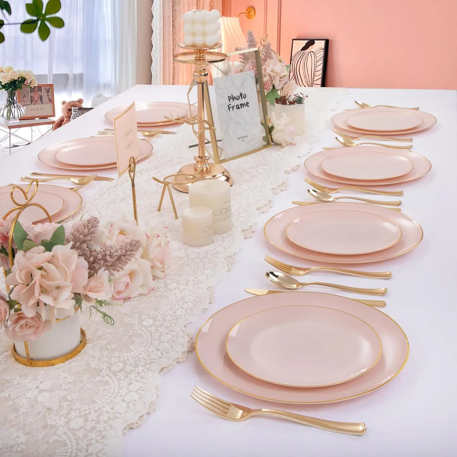 PULOTE 100PCS Pink Plastic Plates - Heavy Duty Pink and Gold Disposable Plates for Party, Wedding & Mother’s Day, Include 50 Dinner Plates and 50 Dessert Plates