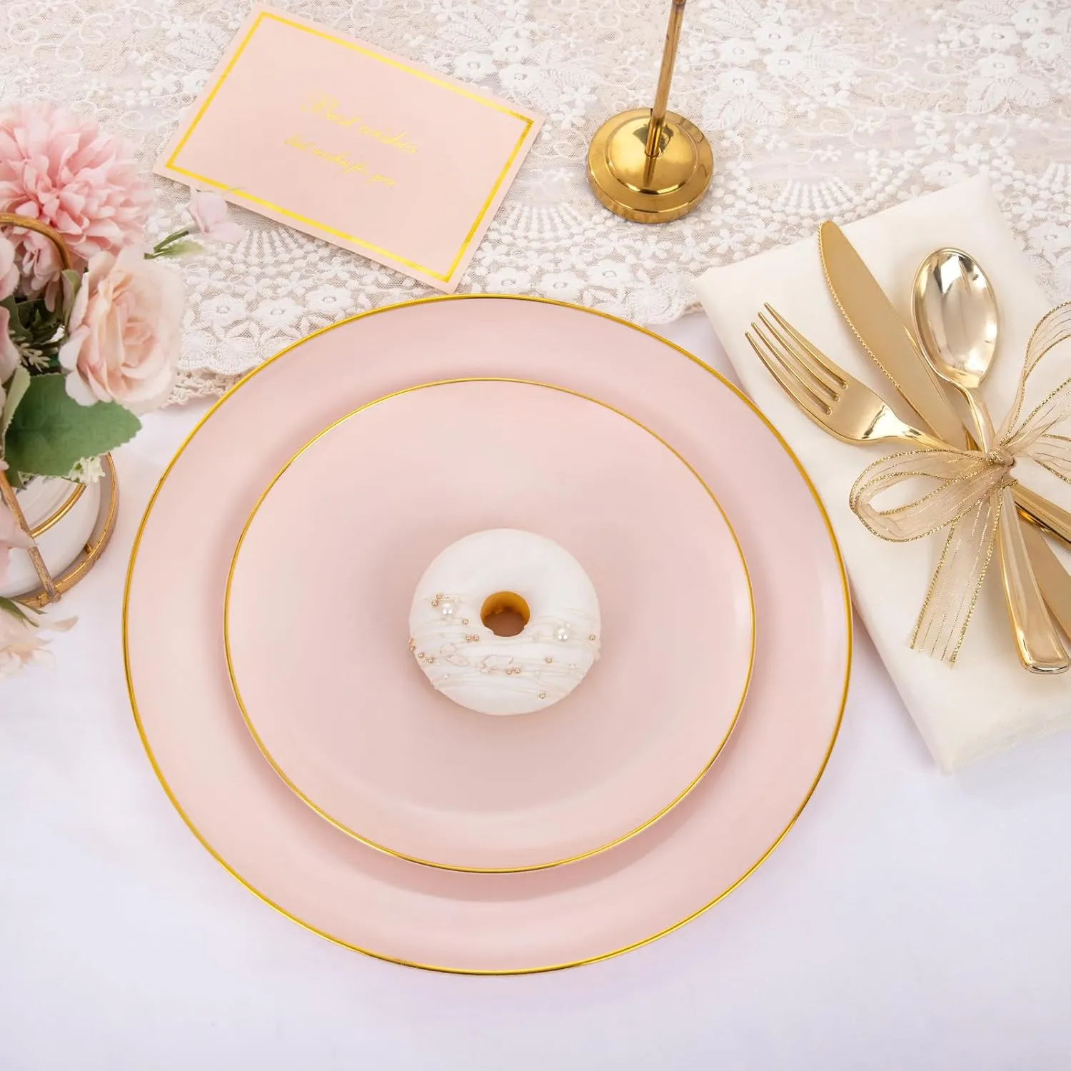 PULOTE 100PCS Pink Plastic Plates - Heavy Duty Pink and Gold Disposable Plates for Party, Wedding & Mother’s Day, Include 50 Dinner Plates and 50 Dessert Plates