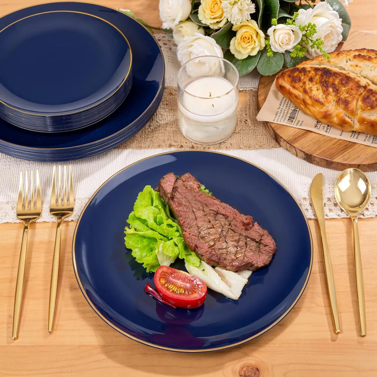 PULOTE 200 Pieces Blue Plastic Plates - Navy Blue and Gold Disposable - Include 100PCS 10 inch Dinner & 100PCS 7 inch Dessert Plate for Party, Graduation & Memorial Day