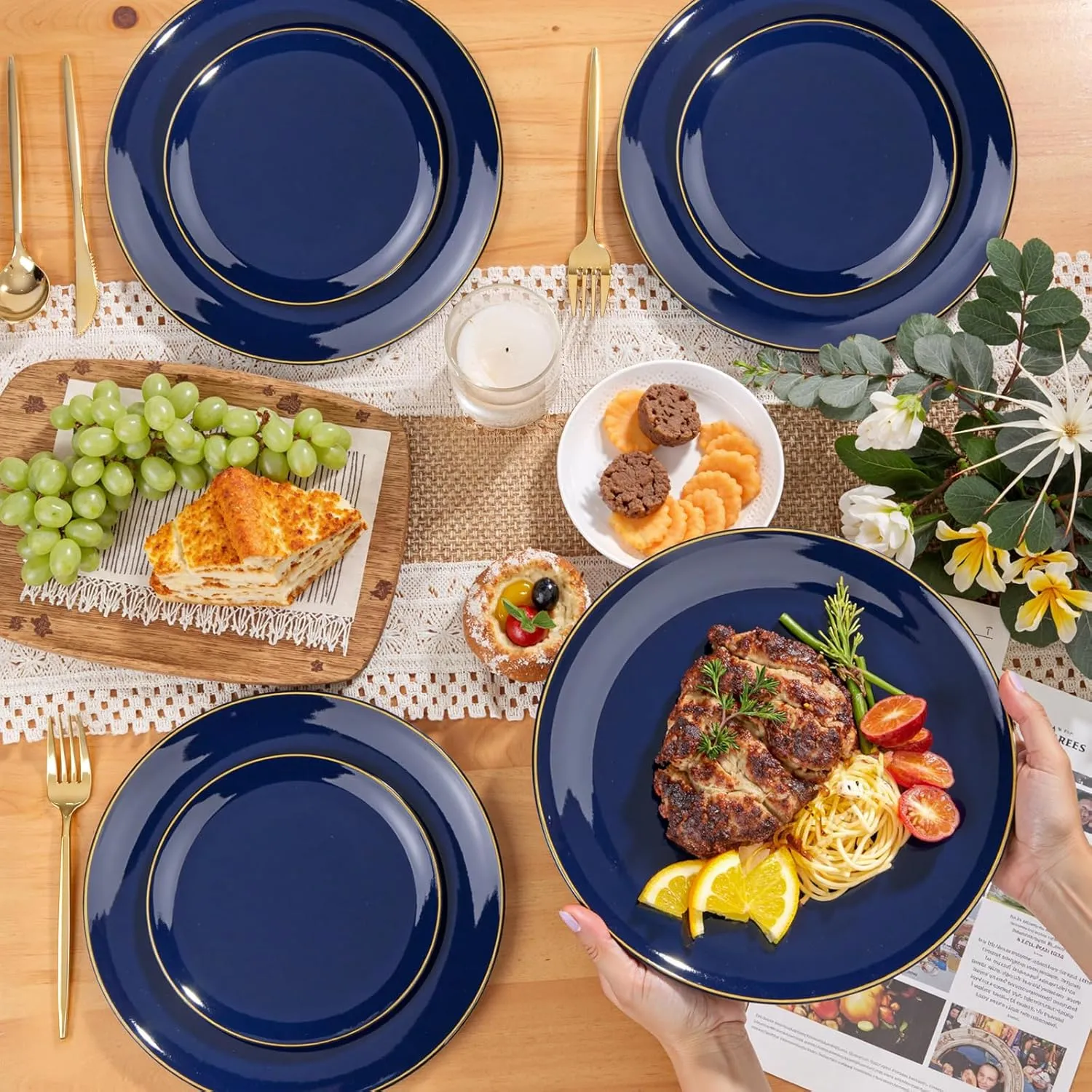 PULOTE 200 Pieces Blue Plastic Plates - Navy Blue and Gold Disposable - Include 100PCS 10 inch Dinner & 100PCS 7 inch Dessert Plate for Party, Graduation & Memorial Day