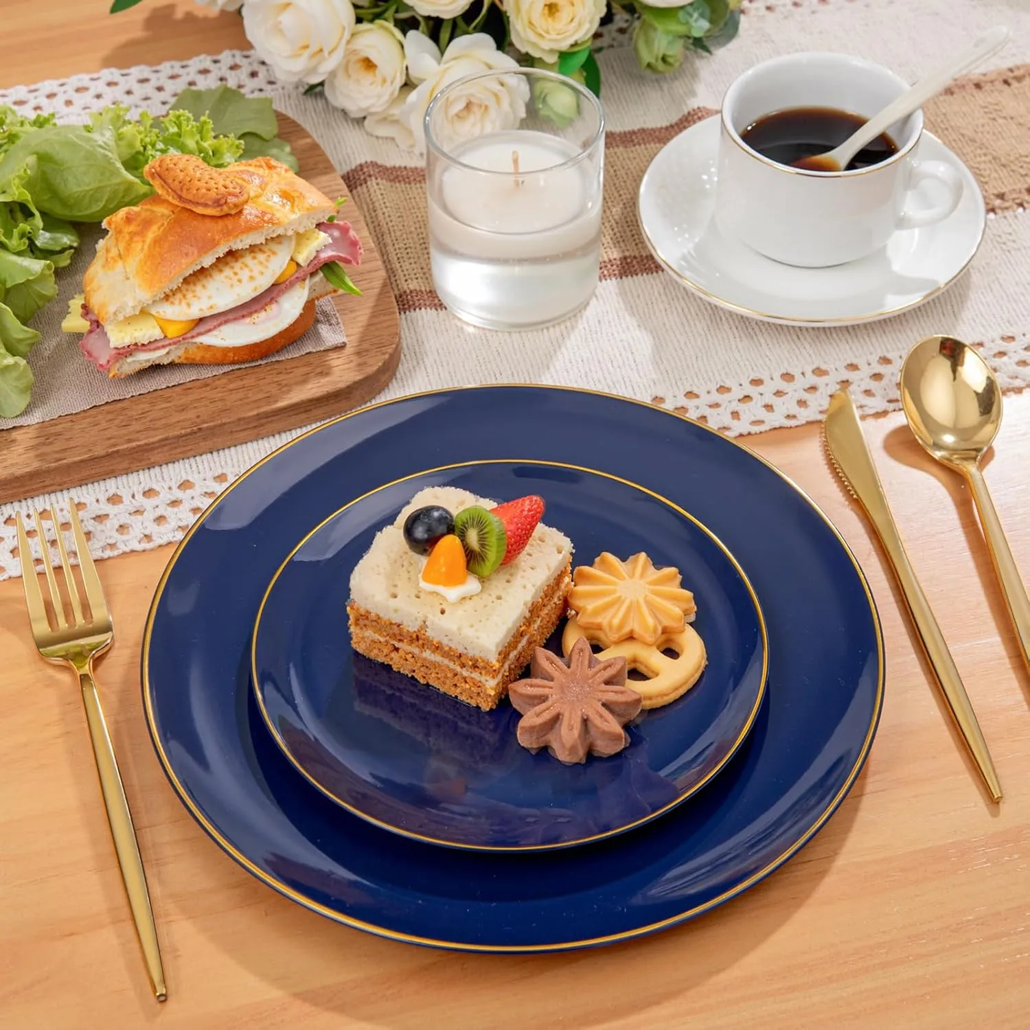 PULOTE 200 Pieces Blue Plastic Plates - Navy Blue and Gold Disposable - Include 100PCS 10 inch Dinner & 100PCS 7 inch Dessert Plate for Party, Graduation & Memorial Day