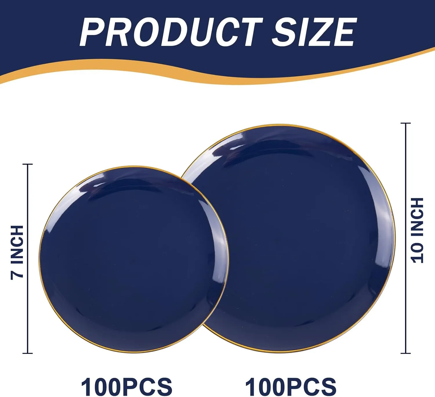 PULOTE 200 Pieces Blue Plastic Plates - Navy Blue and Gold Disposable - Include 100PCS 10 inch Dinner & 100PCS 7 inch Dessert Plate for Party, Graduation & Memorial Day