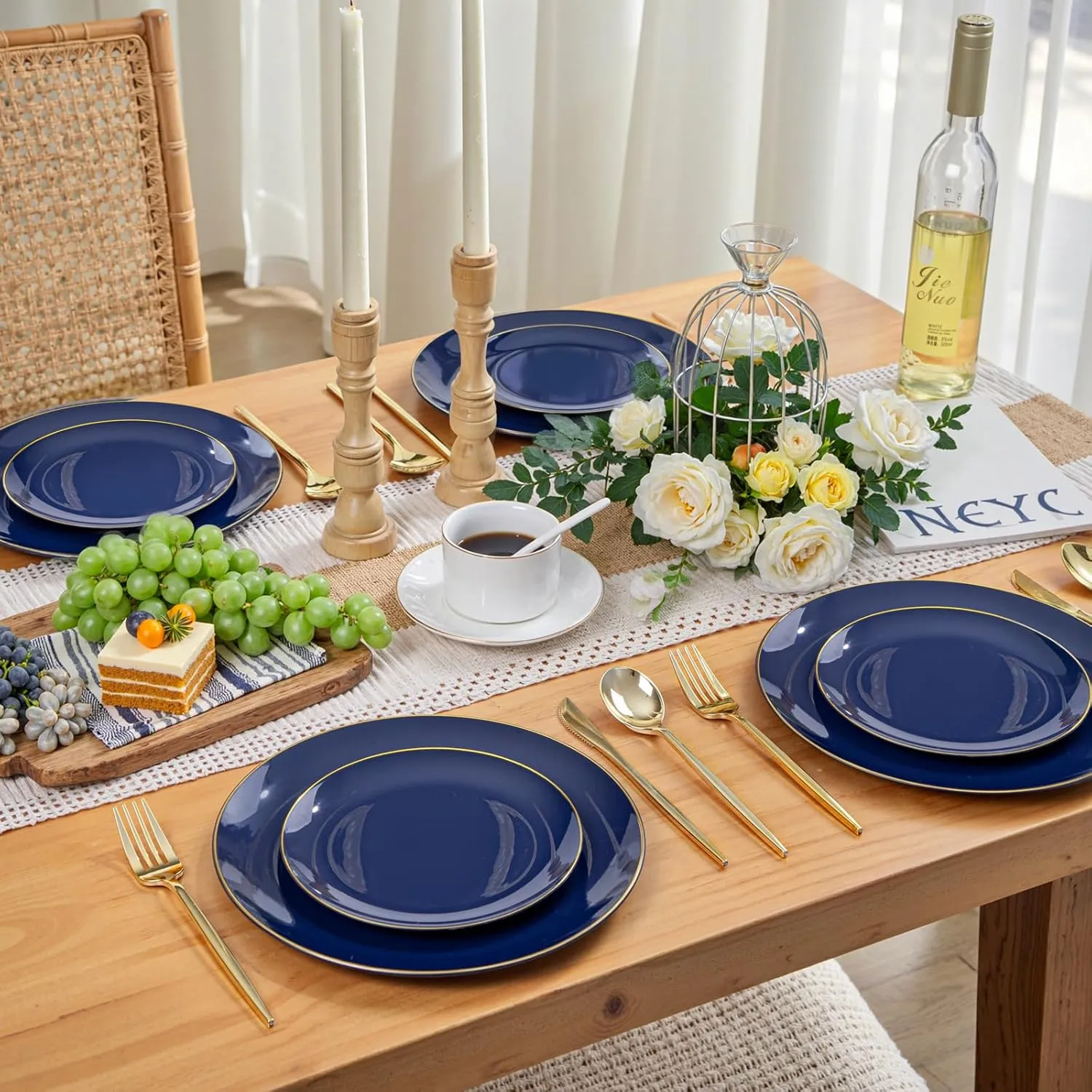 PULOTE 200 Pieces Blue Plastic Plates - Navy Blue and Gold Disposable - Include 100PCS 10 inch Dinner & 100PCS 7 inch Dessert Plate for Party, Graduation & Memorial Day