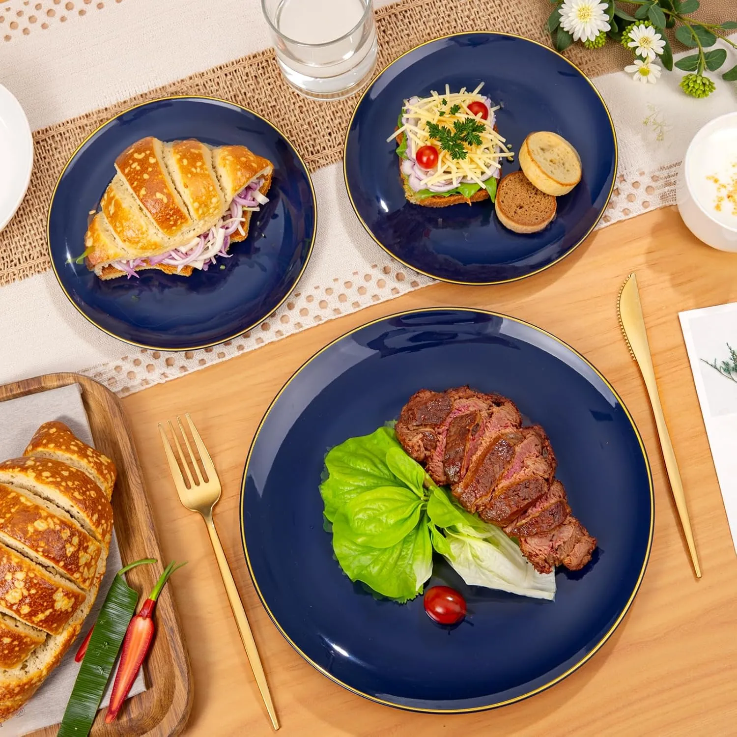 PULOTE 200 Pieces Blue Plastic Plates - Navy Blue and Gold Disposable - Include 100PCS 10 inch Dinner & 100PCS 7 inch Dessert Plate for Party, Graduation & Memorial Day