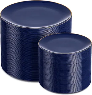 PULOTE 200 Pieces Blue Plastic Plates - Navy Blue and Gold Disposable - Include 100PCS 10 inch Dinner & 100PCS 7 inch Dessert Plate for Party, Graduation & Memorial Day