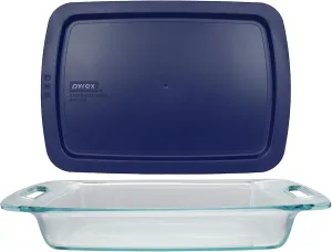 Pyrex (1) C-233 3qt Easy Grab Glass Baking Dish & (1) C-233-PC 3qt Blue Easy Grab Lid