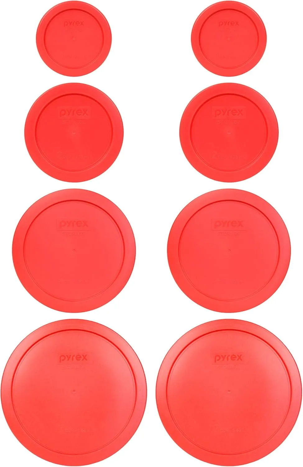 Pyrex (2) 7202-PC 1 Cup, (2) 7200-PC 2 Cup, (2) 7201-PC 4 Cup, (2) 7402-PC 6/7 Cup Red Round Plastic Food Storage Lids, Made in USA