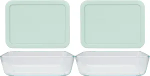 Pyrex (2) 7210 3 Cup Glass Dishes & (2) 7210-PC Muddy Aqua Lids