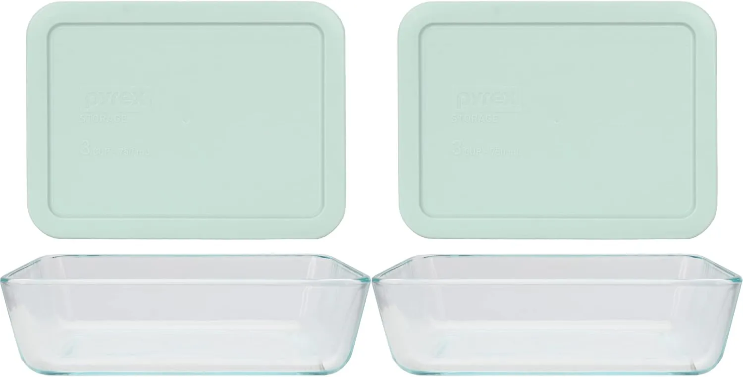 Pyrex (2) 7210 3 Cup Glass Dishes & (2) 7210-PC Muddy Aqua Lids