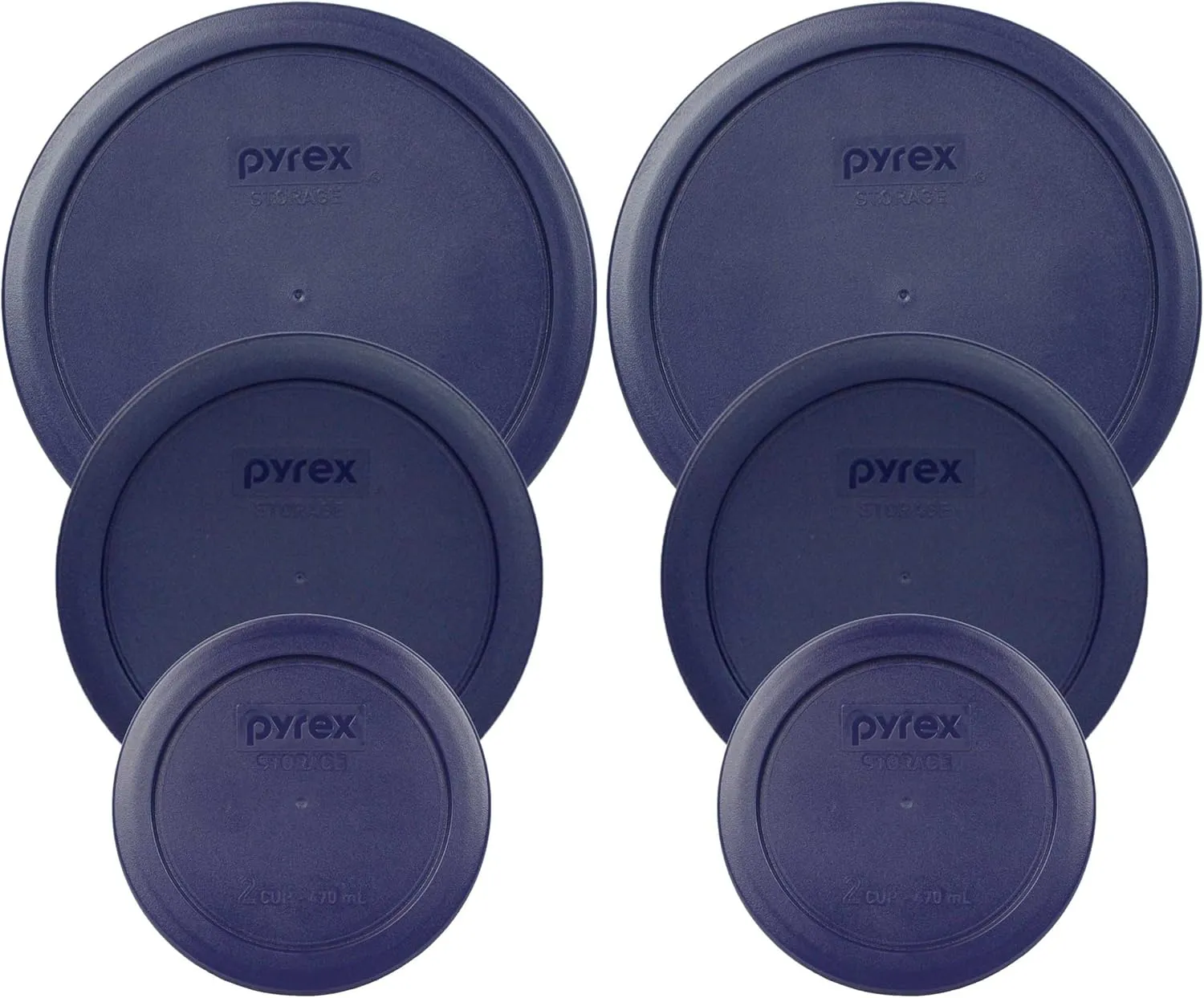 Pyrex (2) 7402-PC 6/7-Cup, (2) 7201-PC 4-Cup, & (2) 7200-PC 2-Cup Blue Plastic Lid Covers - Original Genuine Pyrex - Made in the USA