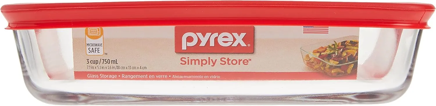 Pyrex 3-Cup Single Rectangular Food Storage Container with Lid, Non-Toxic, BPA-Free Lid, Tempered Non-Pourous Glass, Microwave, Dishwasher, Freezer and Oven Safe, Red