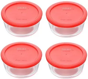 Pyrex (4) 7201 4-Cup Glass Bowls & (4) 7201-PC Red Plastic Lid Covers Made in the USA