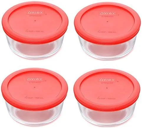 Pyrex (4) 7201 4-Cup Glass Bowls & (4) 7201-PC Red Plastic Lid Covers Made in the USA