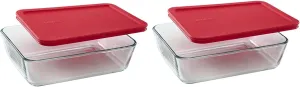 Pyrex 6-cup 7211 Rectangle Glass Food Storage Containers with Red Plastic Lids - 2 Pack Made in the USA