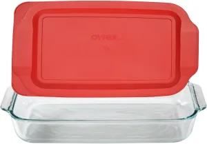 Pyrex Basics 3 Quart Glass Oblong Baking Dish with Red Plastic Lid -9 inch x 13 inch x 2 inch - Original Genuine Pyrex - Made in the USA