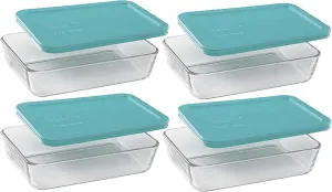Pyrex Basics Clear Glass Food Storage Dishes, 4 (3-Cup) Oblong Dishes with Turquoise Plastic Lids Made in the USA