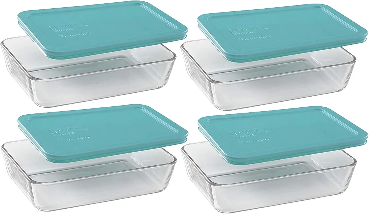 Pyrex Basics Clear Glass Food Storage Dishes, 4 (3-Cup) Oblong Dishes with Turquoise Plastic Lids Made in the USA