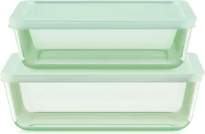 Pyrex Colors (2-Pack) Tinted Glass Large Rectangular Food Storage Container Set, Snug Fit Non-Toxic Plastic BPA-Free Lids, Freezer Dishwasher Microwave Safe, 6 Cup & 11 Cup, Green