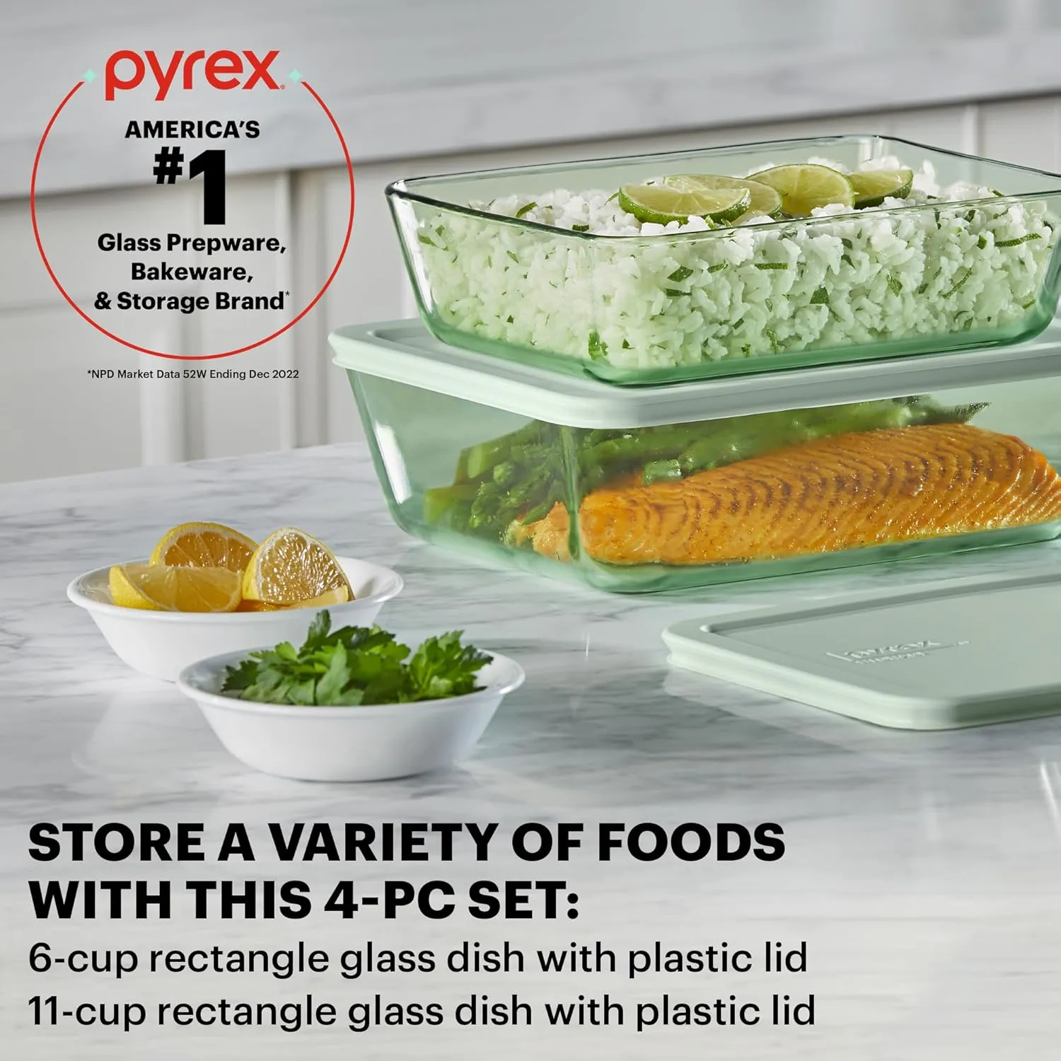 Pyrex Colors (2-Pack) Tinted Glass Large Rectangular Food Storage Container Set, Snug Fit Non-Toxic Plastic BPA-Free Lids, Freezer Dishwasher Microwave Safe, 6 Cup & 11 Cup, Green
