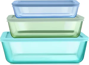 Pyrex Colors (3-Pack, Large) Tinted Glass Rectangle Food Storage Container Set, Snug Fit Non-Toxic Plastic BPA-Free Lids, Freezer Dishwasher Microwave Safe, 3 Cup, 6 Cup & 11 Cup, (Blue, Green, Aqua)