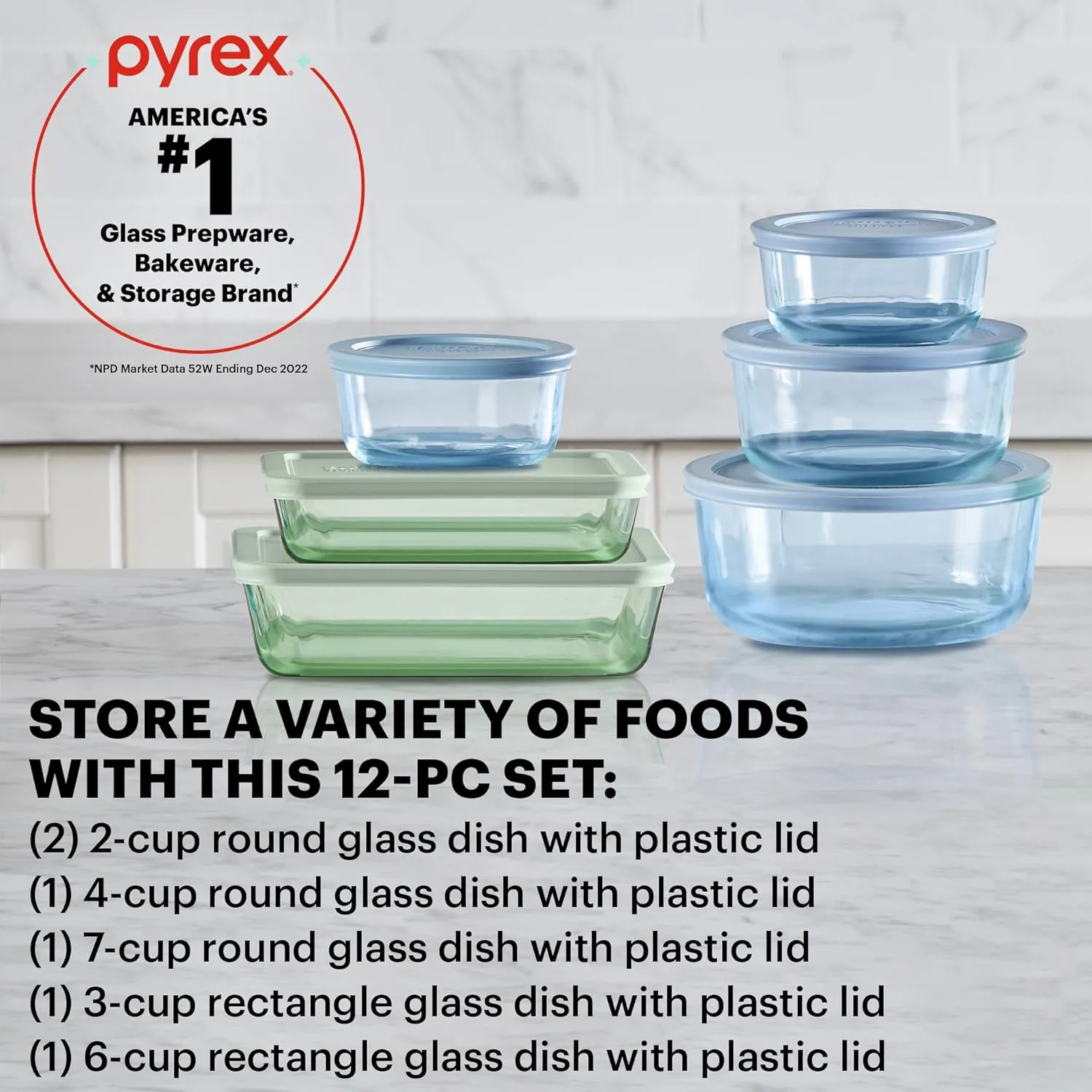 Pyrex Colors (6-Pack, Full Set) Tinted Glass Food Storage Container Set, Snug Fit Non-Toxic Plastic BPA-Free Lids, Freezer Dishwasher Microwave Safe, 3 Cup, 6 Cup & 11