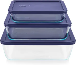 Pyrex Simply Store 3-Pack (3, 6 & 11 Cup) Large Rectangular Glass Food Storage Containers Set, Snug Fit Non-Toxic Plastic BPA-Free Lids, Freezer Dishwasher Microwave Safe
