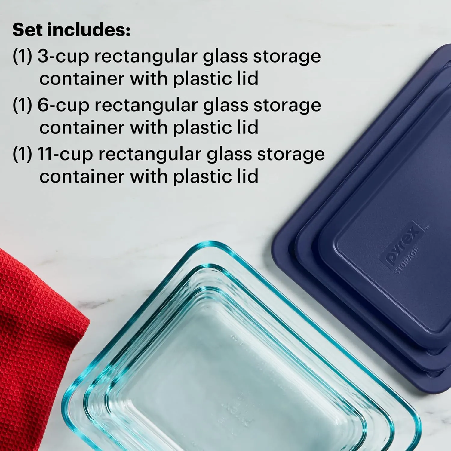 Pyrex Simply Store 3-Pack (3, 6 & 11 Cup) Large Rectangular Glass Food Storage Containers Set, Snug Fit Non-Toxic Plastic BPA-Free Lids, Freezer Dishwasher Microwave Safe