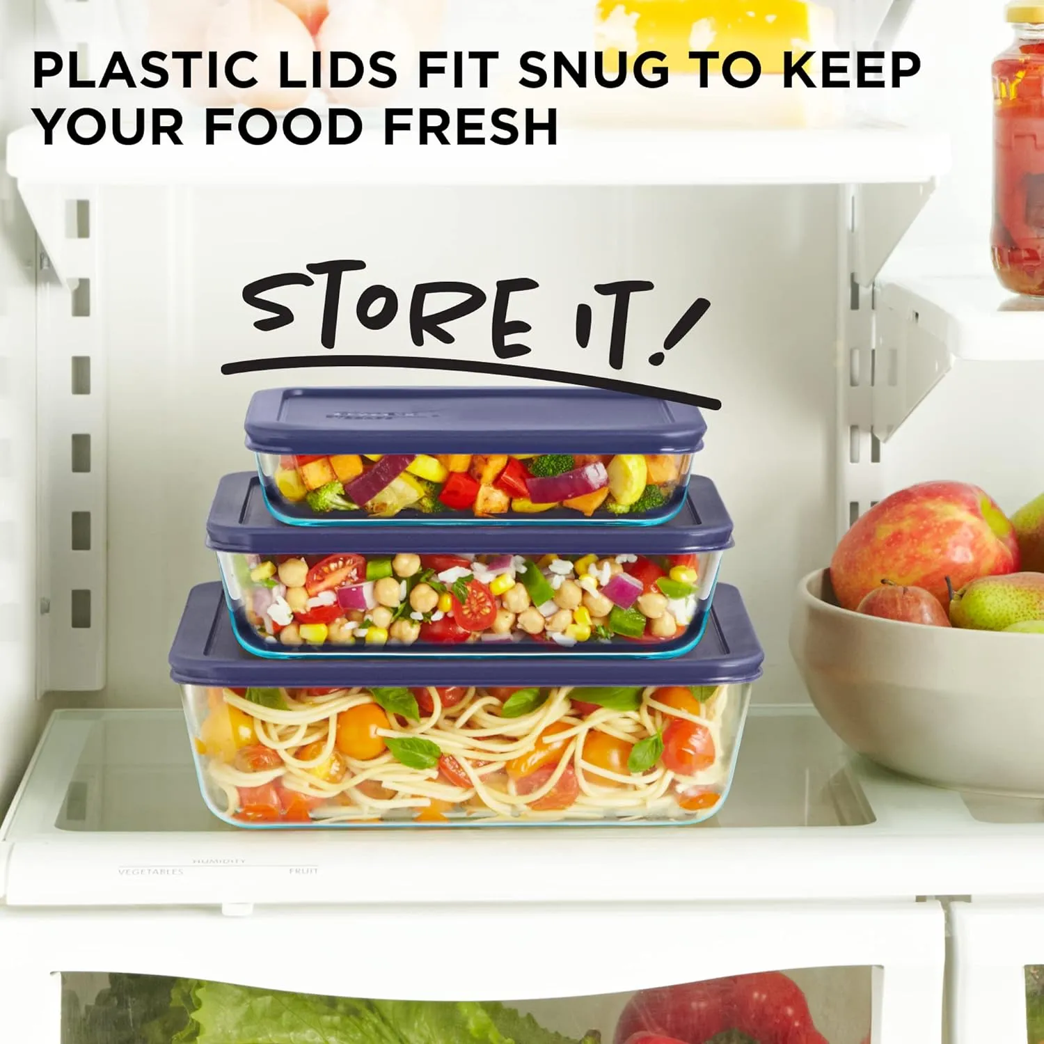 Pyrex Simply Store 3-Pack (3, 6 & 11 Cup) Large Rectangular Glass Food Storage Containers Set, Snug Fit Non-Toxic Plastic BPA-Free Lids, Freezer Dishwasher Microwave Safe