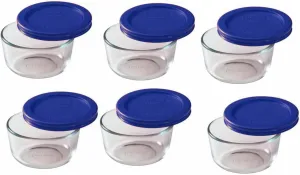 Pyrex Storage 1 Cup Round Dish, Clear with Blue Lid, Pack of 6 Containers