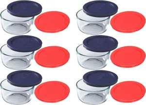 Pyrex Storage 2 Cup Round Dish, Clear with Red & Blue Lids, Pack of 6 Containers & 12 Lids