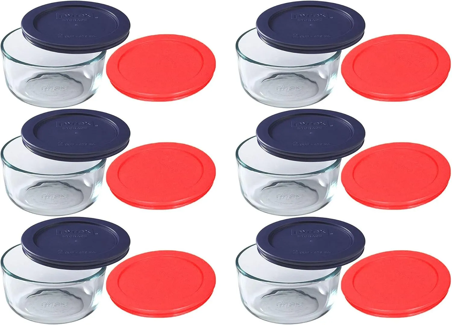 Pyrex Storage 2 Cup Round Dish, Clear with Red & Blue Lids, Pack of 6 Containers & 12 Lids