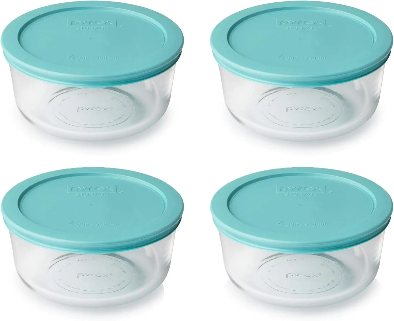 Pyrex Storage 4 Cup Round Dish, Clear with Turquoise Plastic Lids, Pack of 4 Containers - Original Genuine Pyrex - Made in the USA