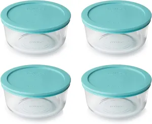 Pyrex Storage 4 Cup Round Dish, Clear with Turquoise Plastic Lids, Pack of 4 Containers - Original Genuine Pyrex - Made in the USA