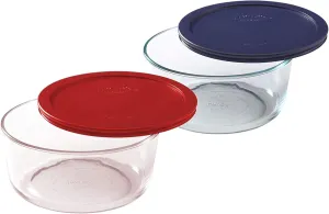 Pyrex Storage 7 Cup Round Dish, Clear with Red   Blue Plastic Lids, Pack of 2 Containers