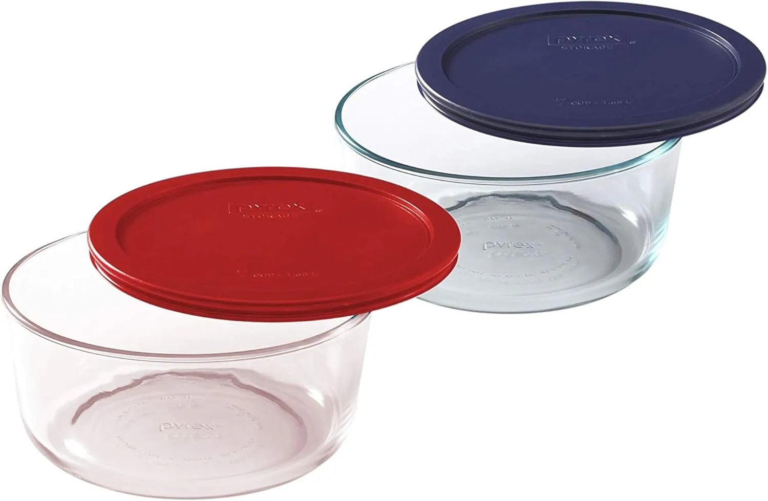 Pyrex Storage 7 Cup Round Dish, Clear with Red   Blue Plastic Lids, Pack of 2 Containers