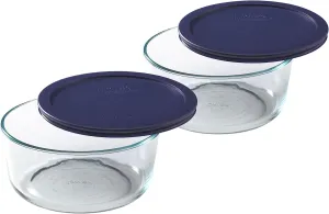 Pyrex Storage Plus 7-Cup Round Glass Food Storage Dish, Blue Cover, Pack of 2 - Original Genuine Pyrex - Made in the USA