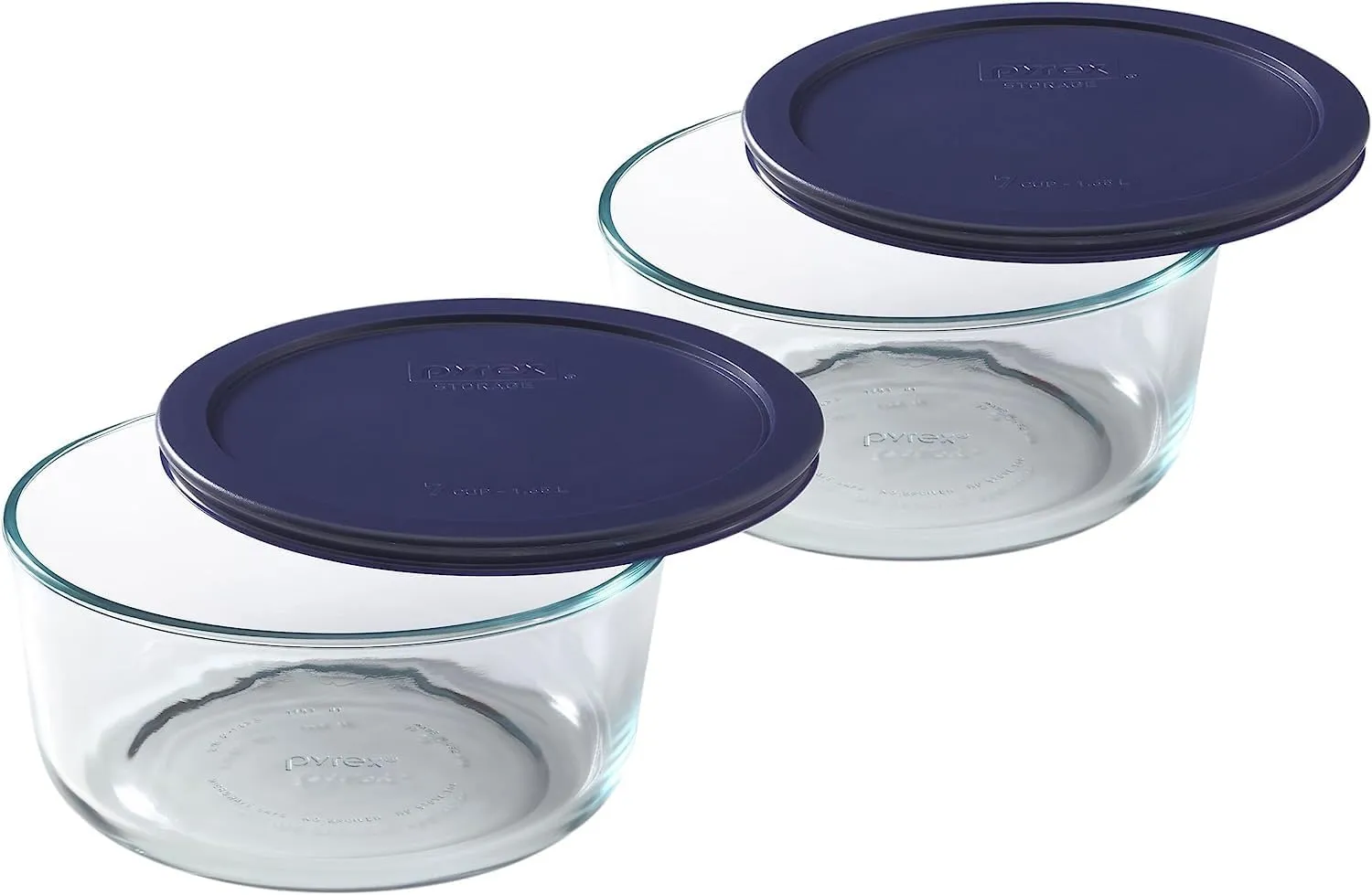 Pyrex Storage Plus 7-Cup Round Glass Food Storage Dish, Blue Cover, Pack of 2 - Original Genuine Pyrex - Made in the USA